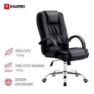 Scaun Birou Kiwari® Lio, Spatar Inalt, Sezut din Piele PU, Reglabil pe Inaltime, Baza Metal Rotativa, Design Executiv Confort Extra, Capacitate 120 kg, Negru - Img 3