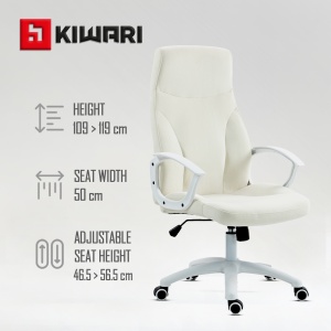 Scaun birou Kiwari® Mom, spatar inalt, cadru alb, brate fixe, sezut cu spuma si tesatura, mecanism fluture, baza nylon, roti PU, Alb - Img 3