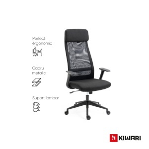 Scaun birou Kiwari Nur, cadru metalic, suport lombar, brate fixe, mecanism fluture, lift gaz si roti nylon, suprafata textil/plasa, Negru - Img 4