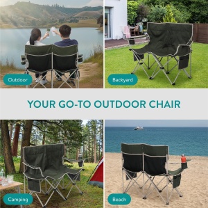 Scaun camping dublu Navaris, 2 locuri, 130 x 30 x 85 cm, pliabil, cotiere si suport pahare, buzunare depozitare, material Oxford, Verde - Img 2