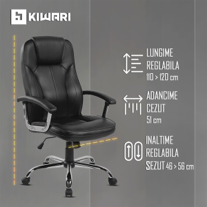 Scaun de birou ergonomic Kiwari® Ako, spatar inalt, mecanism inclinabil cu reglaj pe gaz, brate ergonomice fixe din PP, baza cromata, roti nylon silentioase / rotatie 360°, tapiterie PU+PVC, suporta 136 kg, Negru - Img 4
