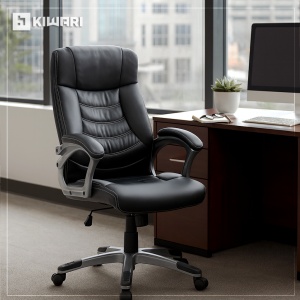 Scaun de birou ergonomic Kiwari® Eliot, spatar inalt, mecanism inclinabil cu reglaj pe gaz, rotatie 360°, brate late PP ergonomice, baza cromata stabila, roti nylon silentioase, tapiterie PU+PVC neteda, suporta 136 kg, Negru - Img 2