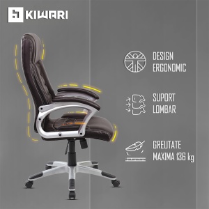 Scaun de birou ergonomic Kiwari® Eliot, spatar inalt, mecanism inclinabil cu reglaj pe gaz, rotatie 360°, brate late PP ergonomice, baza cromata stabila, roti nylon silentioase, tapiterie PU+PVC neteda, suporta 136 kg, Maro inchis - Img 5
