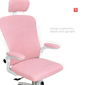 Scaun ergonomic de birou Kiwari® Cloud, tetiera reglabila, spatar din plasa, mecanism butterfly, roz - Img 3