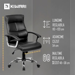 Scaun ergonomic Kiwari® Rei, spatar inalt, mecanism inclinabil cu piston pe gaz, ajustabil pe inaltime, rotatie 360°, brate fixe ergonomice PP, baza cromata, roti nylon silentioase, tapiterie PU+PVC, suporta 130 kg, Negru - Img 3