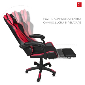 Scaun gaming Kiwari® Rush, suport pentru picioare, spatar rabatabil 135°, perne lombara si cervicala, negru/rosu - Img 3
