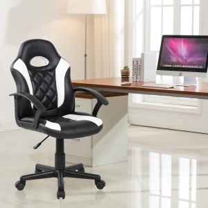 Scaun gaming Kiwari Klaus, material PU+PVC, cadru lemn, brate fixe, mecanism sus-jos, lift gaz, baza nylon, roti silentioase, spatar ergonomic, sezut confortabil, inaltime reglabila, Negru/Alb - Img 10