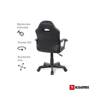 Scaun gaming Kiwari Min, material PU+PVC, cadru lemn, baza nylon, mecanism reglabil, brate fixe, roti silentioase, inaltime ajustabila, Negru - Img 4