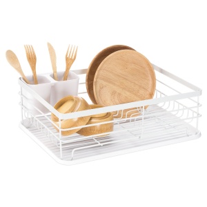Scurgator de vase si tacamuri, 41.5 x 30.5 x 14 cm, din metal/plastic, tava scurgere, suport detasabil pentru tacamuri, Alb