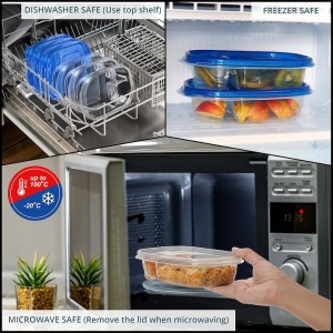 Set 10 caserole alimentare, FRESHLY CONTAINED, 3 compartimente, 780 ml, din plastic, fara BPA, capace etanse, reutilizabile, lavabile in masina de spalat vase, potrivite pentru cuptorul cu microunde si congelator, Albastru/Transparent - Img 5