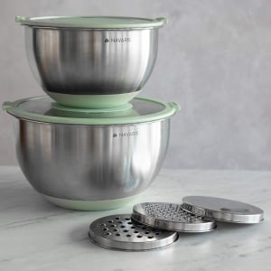 Set 2 boluri metalice multifunctionale cu capac Navaris, 20 cm si 24 cm, 3 razatori, Antiderapant, Inox, argintiu/verde - Img 7