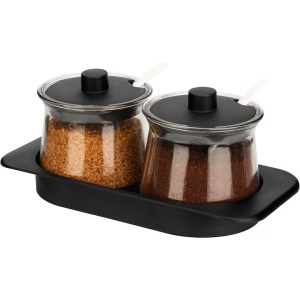 Set 2 borcane, Belle Vous, 300 ml, din sticla, lingurite, capace, tava suport, Negru/Transparent