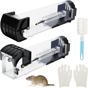 Set 2 capcane pentru soareci si razatoare, Belle Vous, reutilizabile, tip tunel, 32 cm, din ABS, manusi si perie de curatare, Transparent