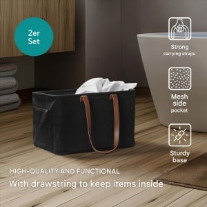 Set 2 cosuri de rufe pliabile Navaris, portabile, cu manere, 43.2 x 31 x 28 cm, pentru depozitare haine, jucarii, textile, Negru - Img 3