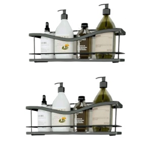 Set 2 Raft de dus Kincmax, nu necesita gaurire, din otel inoxidabil, raft auto-adeziv pentru depozitare in bucatarie, cu carlige, Negru mat, 13 x 13 x 32 cm