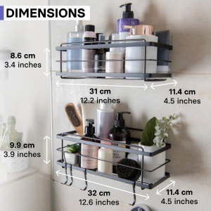 Set 2 Raft de dus Kincmax, nu necesita gaurire, din otel inoxidabil, raft auto-adeziv pentru depozitare in bucatarie, cu carlige, negru, 10.9x11.4x31 cm - Img 2