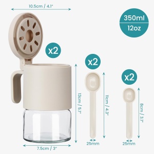 Set 2 recipient depozitare, Belle Vous, pentru condimente, din sticla, 350 ml, 10.5 x 13 cm, 4 ligurinte, capace etanse, fara BPA, Transparent/Bej - Img 2