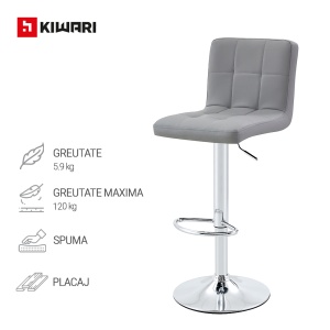 Set 2 Scaune Bar/Bucatarie Kiwari® Lior, Inaltime 59-79 cm, Sezut PU, Spuma si Baza Rotativa Crom, Design Modern Bucatarie/Dining, Capacitate 120 kg, Gri - Img 4