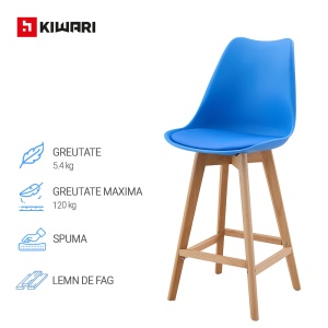 Set 2 Scaune Bar/Bucatarie Kiwari® Sama, Sezut PP si Picioare Lemn Fag, Inaltime 68 cm, Design Modern Bucatarie/Dining, Capacitate 120 kg, Albastru - Img 4
