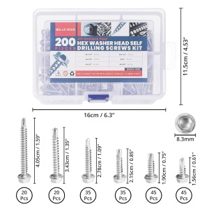 Set 200 de suruburi Belle Vous, hexagonale M8, din otel inoxidabil, 6 dimensiuni, cutie pentru depozitare, Argintiu - Img 2