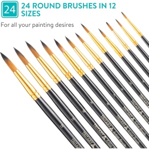 Set 24 pensule pictura TRITART, vegane, varf rotund si ascutit, cu sapun pentru curatare, pentru acuarela, acril si ulei - Img 3
