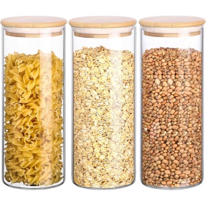 Set 3 borcane depozitare Belle Vous, din sticla borosilicata, cu capac din bambus etans, ideale pentru alimente, condimente, zahar, cafea, 950 ml, 8.5 x 20.5 cm, Transparent