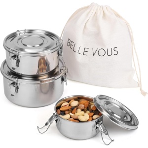 Set 3 cutii de pranz Belle Vous, din inox, capac etans, capac etans si geanta transport, 350/650/1000 ml, Argintiu