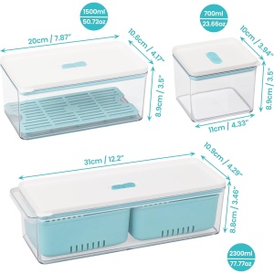 Set 3 cutii depozitare alimente Belle Vous, din plastic fara BPA, depozitare frigider, pentru fructe si legume, capace etanse si tavi de scurgere detasabile, Albastru/Transparent - Img 6