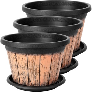 Set 3 ghivece pentru flori Belle Vous, 23 x 16 cm, design rustic tip butoi, 8.5 L, plastic, cu orificii de drenaj si tava, pentru interior/exterior, Maro/Negru
