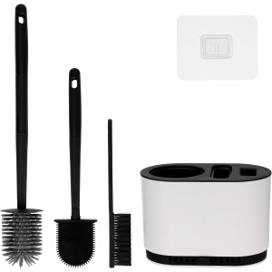 Set 3 perii WC Belle Vous, cu suport si tava colectare apa, 17 x 10 x 12 cm, 2 perii din silicon + 1 perie curatare, montare perete sau podea, Alb/Negru