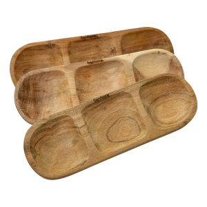 Set 3 Platouri din lemn natural de Acacia pentru servire fructe, oleaginoase, snacksuri, Bonfesto®, 3 compartimente, 30 x 10 x 2.5 cm