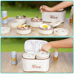 Set 4 cutii pentru pranz Belle Vous, 350-550 ml, tacamuri, geanta termica pentru transport, 25 x 13 x 15 cm, Otel, Crem - Img 6