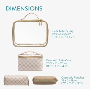 Set 4 genti cosmetice Navaris, pentru calatorii, 3 genti din piele PU, 1 geanta transparenta PVC, 29 x 9.5 x 22 cm, organizator machiaje, Bej - Img 5