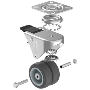 Set 4 roti duble pivotante GBL, 50 mm, pivotante 360°, sarcina maxima de incarcare 200kg, sistem de franare, poliuretan, Gri - Img 6