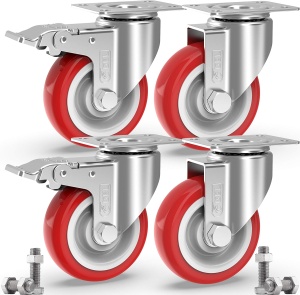 Set 4 roti pivotante GBL, 125 mm, sarcina maxima de incarcare 800 Kg, rotatie 360°, poliuretan, cu sistem de franare, Rosu/Argintiu