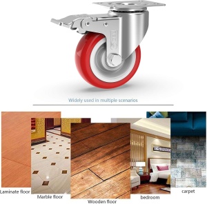 Set 4 roti pivotante GBL, 125 mm, sarcina maxima de incarcare 800 Kg, rotatie 360°, poliuretan, cu sistem de franare, Rosu/Argintiu - Img 3