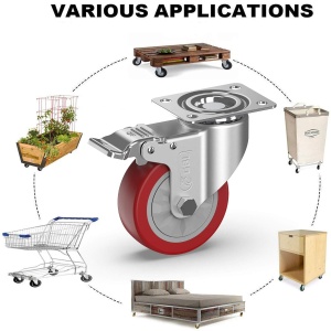 Set 4 roti universale GBL, pentru transport, 100mm, pivotante 360°, sarcina maxima de incarcare 600 Kg, cu 2 frane, poliuretan, Rosu - Img 4