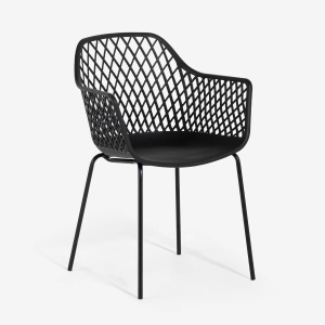 Set 4 scaune moderne de exterior pentru gradina si terasa, cu brate, AHD, Tzura, din polipropilena, Negru