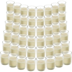 Set 48 Lumanari Belle Vous, Tip Pastila, fara parfum, in suport din sticla, 12 ore ardere, Alb cald