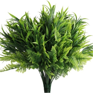 Set 6 plante artificiale Belle Vous, 35 × 29 cm, feriga si frunze, aspect natural, rezistente UV, material plastic, pentru decor interior/exterior, Verde