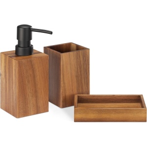 Set accesorii baie Navaris, 3 piese, dispenser sapun lichid, suport periute dinti si sapuniera, din lemn de acacia, rezistent la umezeala, Maro inchis