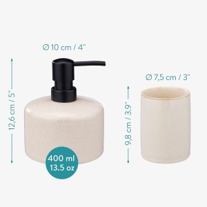 Set accesorii de baie Navaris, 3 piese, dispenser sapun lichid 400 ml, suport periute dinti si sapuniera, din ceramica, design piatra, elegant, Crem - Img 3