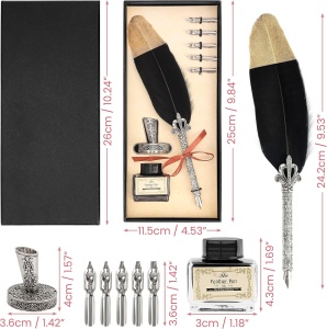 Set caligrafie Belle Vous, pana retro tip pana de gasca, design elegant, cerneala neagra 15 ml, 5 penite, suport si cutie cadou, Negru/Maro - Img 3