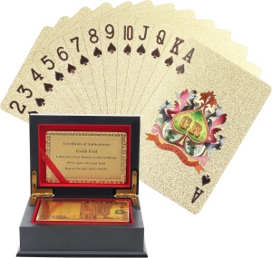 Set Carti de Joc Poker, Kurtzy, Premium, Folie Aurie impermeabila, 9.5 x 12.5 x 5 cm, Cutie de Lemn cu Certificat
