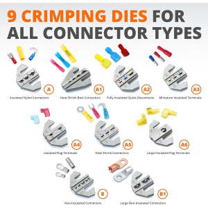Set cleste sertizare Wirefy, 11 piese, mecanism clichet, 9 matrite interschimbabile, cleste dezizolare si taiere, pentru papuci si conectori electrici 0.14-25 mm², geanta pentru transport, Negru/Portocaliu - Img 2