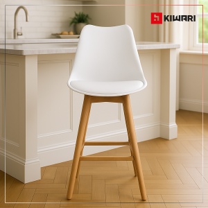 Set de 2 Scaune de Bar/Bucatarie Kiwari® Sama, Sezut PP, Picioare Lemn Fag, Design Modern Bucatarie/Dining, Inaltime 68 cm, Capacitate 120 kg, Alb - Img 6