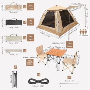 Set de camping Belle Vous, cort pentru 3-4 persoane, 195 x 195 x 135 cm, masa si 2 scaune pliabile, 4 piese, impermeabil, ideal pentru drumetii/pescuit, usor de montat, Maro - Img 3