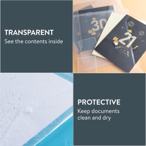 Set mapa documente plic H&S, 30 buc, format A4, din plastic, 33.5 x 23.5 cm, inchidere cu capsa, reutilizabile, Transparent - Img 6