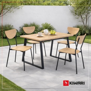 Set Masa cu 4 Scaune Kiwari® Oka, MDF si Metal, 110×70×75 cm, scaun 44x45x82 cm Design Modern, Stejar Natural & Negru - Img 2