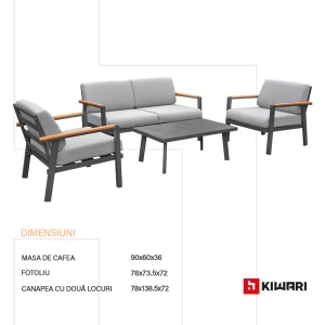 Set mobilier gradina Kiwari® Amalfi, 4 locuri, masa, canapea, si doua fotolii, masa 96 x 60 x 36 cm, canapea 78 x 138 x 72 cm, 2 fotolii 78 x 73.5 x 72 cm, cadru metal, sticla 5 mm, perne detasabile 11 cm, terasa/gradina, Gri - Img 4